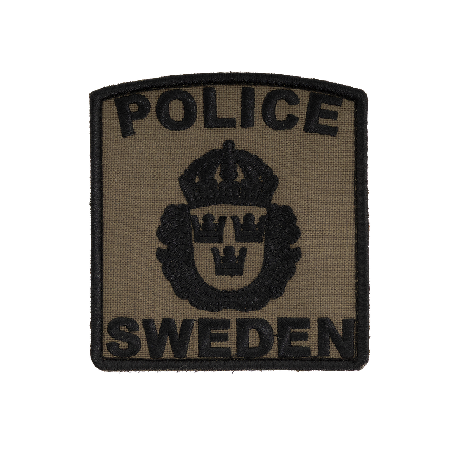 Snigel POLICE SWEDEN-märke 80 × 90 mm – Kardborremärke (Grå/Svart)
